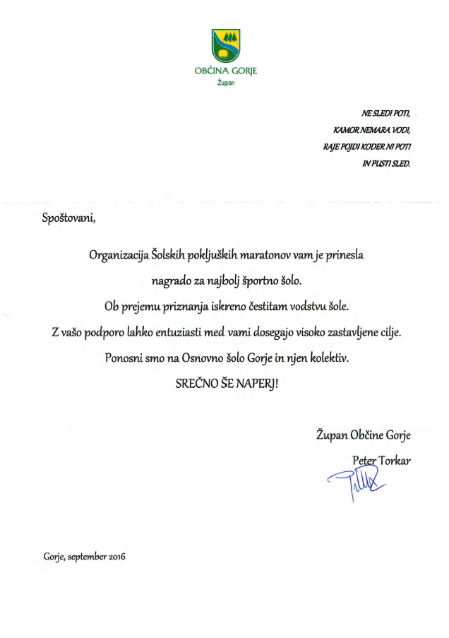 20. let ŠPM - pohvala župana Občine Gorje Petra Torkarja, 20. 9. 2016